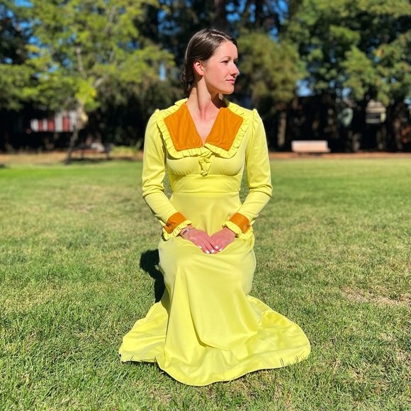 1970s Buttercup Poly & Velveteen Maxi Dress - Picture 6 of 8